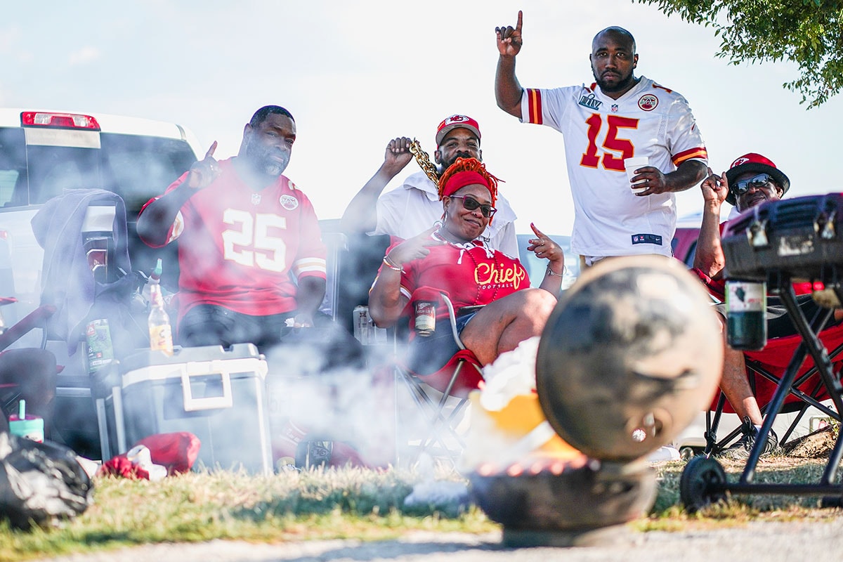 Kansas City Chiefs fans tailgating before a game.